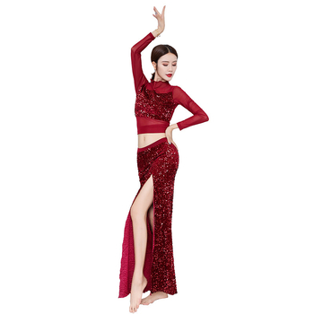 Set haljina za belly dance s paijetima, lijevi prorez, mrežasti materijal i spandeks