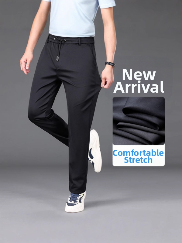 Pánske voľnočasové nohavice, rovný strih, vysoký pás, s opaskom, zipsom, hrubé elastické tkaniny, pre všetky ročné obdobia