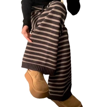 Široke hlače od vunene smese s pletenim prugama, visokim strukom, debela tkanina, zima 2025 (Vunena smesa; Poliester; Širok kroj; Visok struk; Debela tkanina)