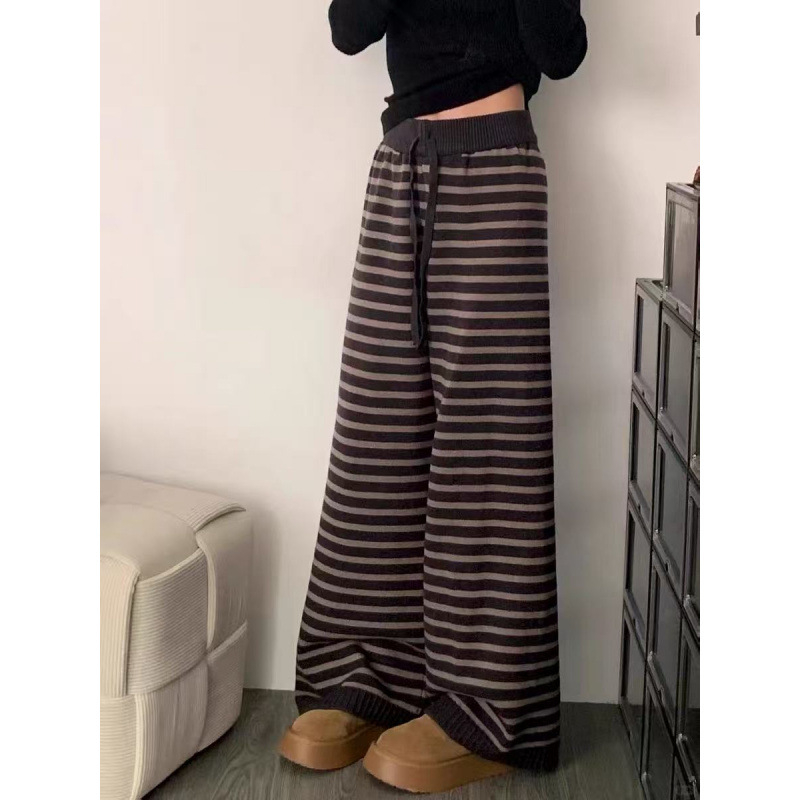 Široke hlače od vunene smese s pletenim prugama, visokim strukom, debela tkanina, zima 2025 (Vunena smesa; Poliester; Širok kroj; Visok struk; Debela tkanina)
