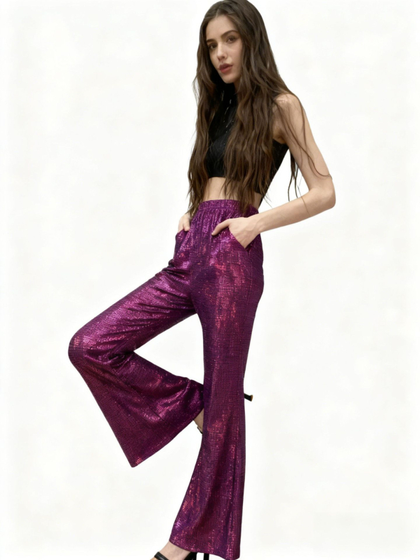 Casual ženske hlače s visokim strukom i šljokicama, poliester tkanina, mikroelastičnost, koláž detalji