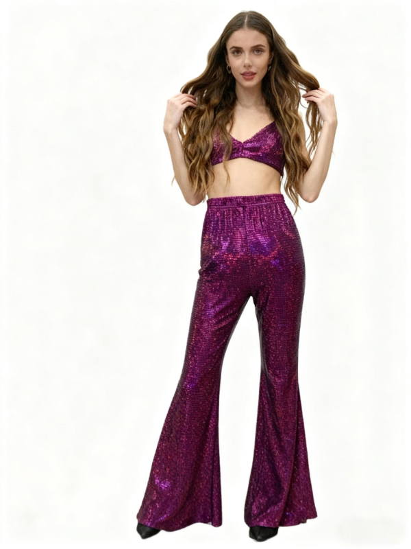 Casual ženske hlače s visokim strukom i šljokicama, poliester tkanina, mikroelastičnost, koláž detalji