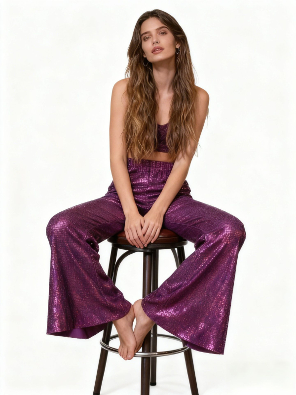 Casual ženske hlače s visokim strukom i šljokicama, poliester tkanina, mikroelastičnost, koláž detalji