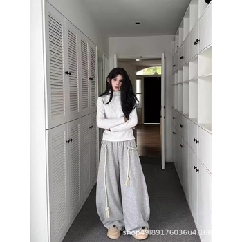 Ženske široke hlače s elastičnim pojasom, opuštenog kroja, korejskog stila, poliester 90–95%