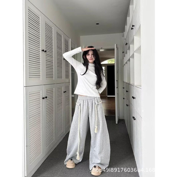 Ženske široke hlače s elastičnim pojasom, opuštenog kroja, korejskog stila, poliester 90–95%
