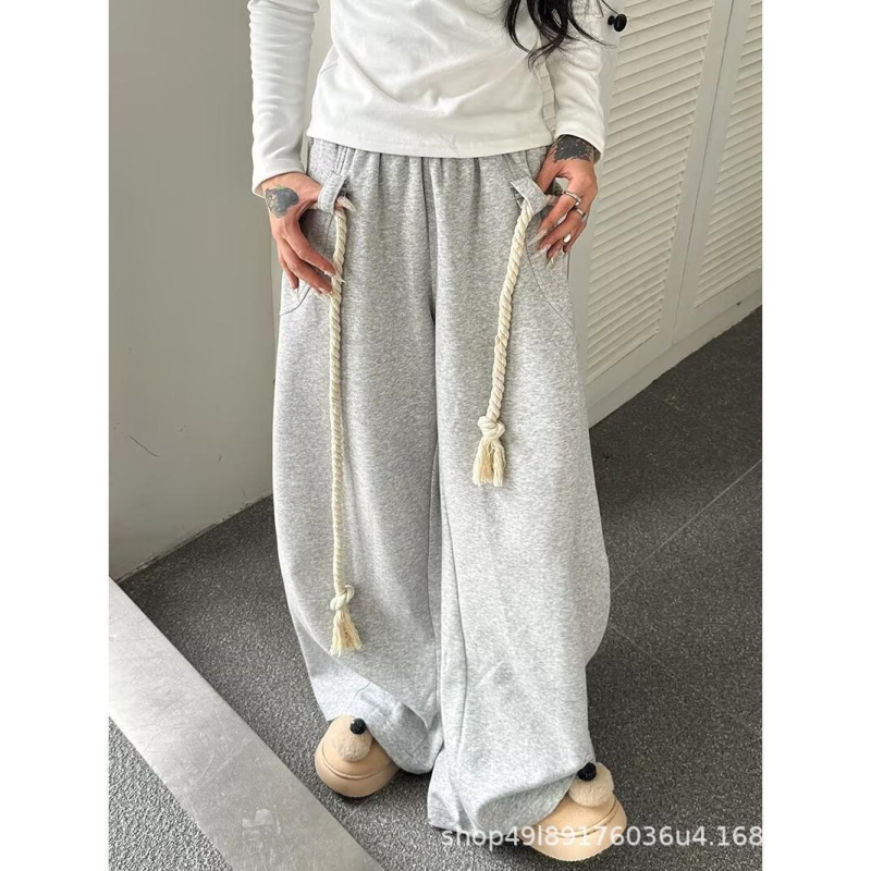 Ženske široke hlače s elastičnim pojasom, opuštenog kroja, korejskog stila, poliester 90–95%