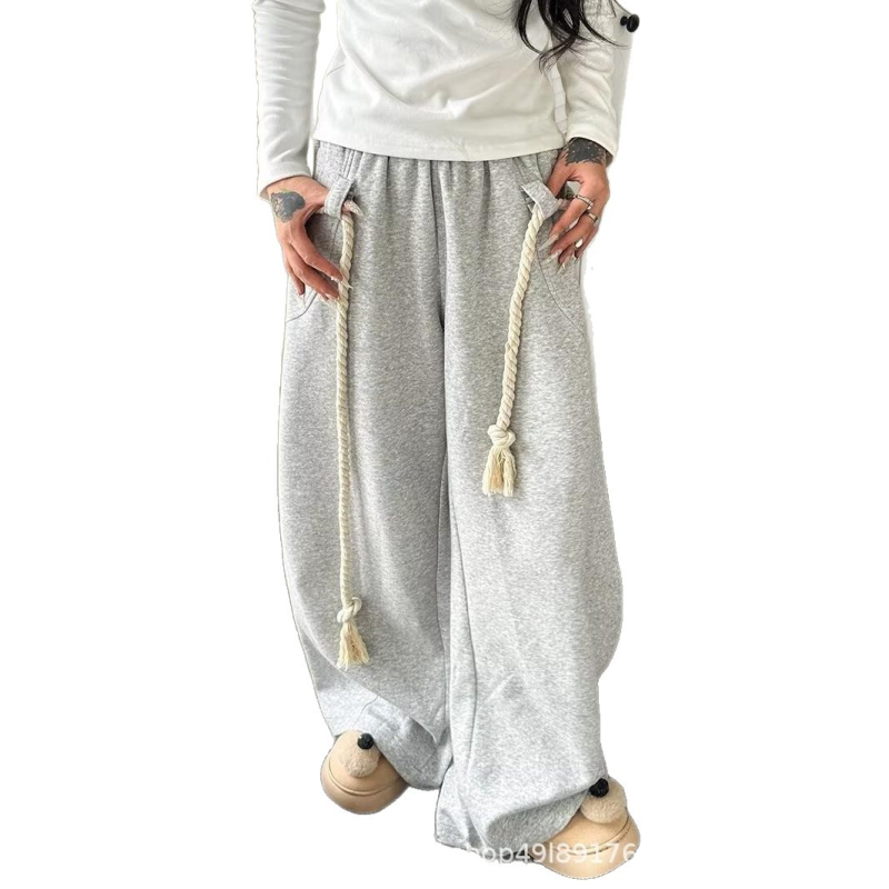 Ženske široke hlače s elastičnim pojasom, opuštenog kroja, korejskog stila, poliester 90–95%