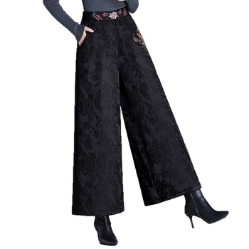 Ženske široke hlače u korejskom stilu s teškom izšivkom i džakardom, podstavljene flisom za toplinu, ravne hlače