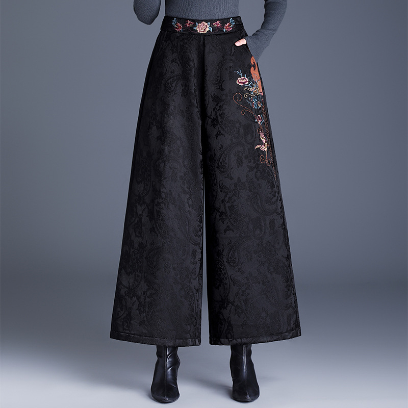 Ženske široke hlače u korejskom stilu s teškom izšivkom i džakardom, podstavljene flisom za toplinu, ravne hlače