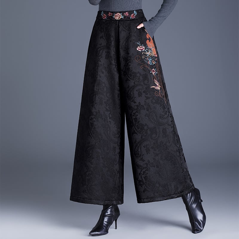 Ženske široke hlače u korejskom stilu s teškom izšivkom i džakardom, podstavljene flisom za toplinu, ravne hlače