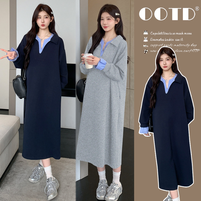 Rochie de maternitate pentru toamnă-iarnă, croială A-line, lungime midi, din bumbac-poliester