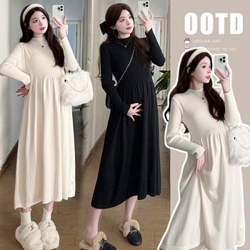 Rochie maternitate tricotată, guler rotund, mâneci lungi, croială A-line, lungime midi, toamnă-iarnă