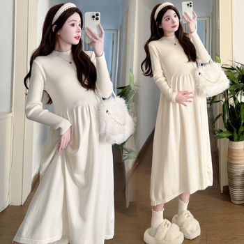 Rochie maternitate tricotată, guler rotund, mâneci lungi, croială A-line, lungime midi, toamnă-iarnă