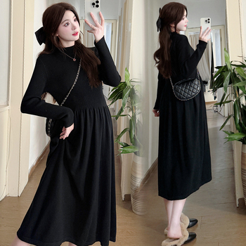 Rochie maternitate tricotată, guler rotund, mâneci lungi, croială A-line, lungime midi, toamnă-iarnă