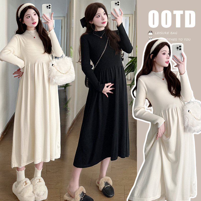 Rochie maternitate tricotată, guler rotund, mâneci lungi, croială A-line, lungime midi, toamnă-iarnă