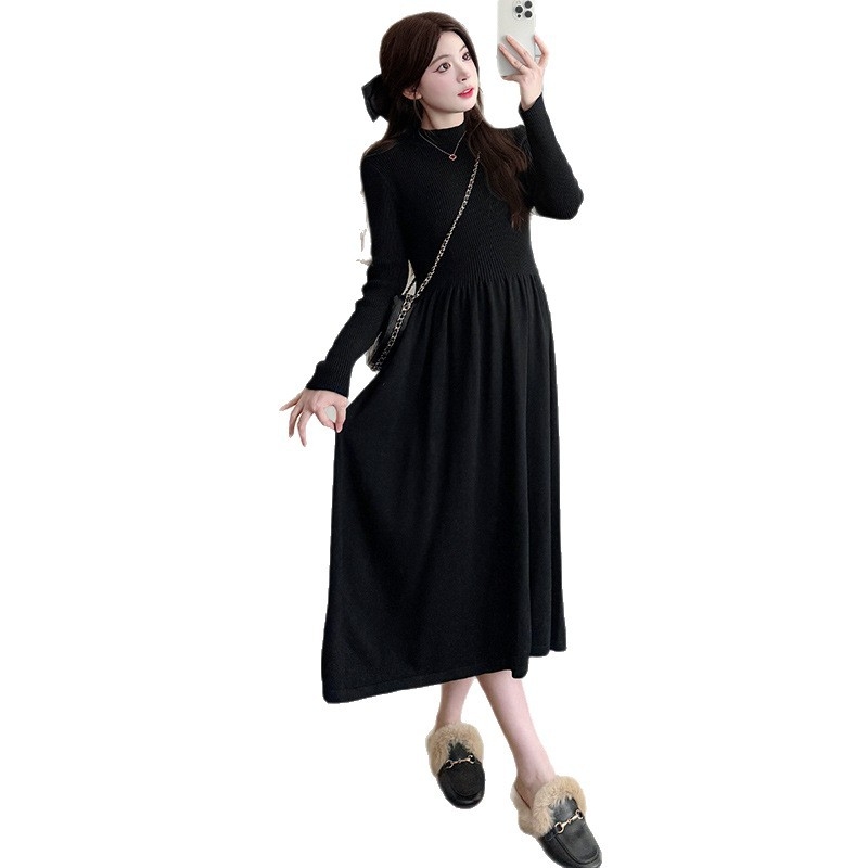 Rochie maternitate tricotată, guler rotund, mâneci lungi, croială A-line, lungime midi, toamnă-iarnă