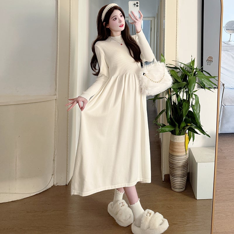 Rochie maternitate tricotată, guler rotund, mâneci lungi, croială A-line, lungime midi, toamnă-iarnă