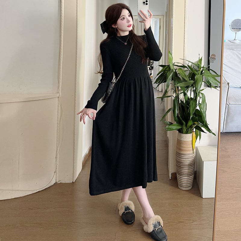 Rochie maternitate tricotată, guler rotund, mâneci lungi, croială A-line, lungime midi, toamnă-iarnă