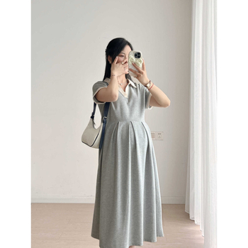 Rochie maternitate în linie A, guler rotund, mâneci 3/4, poliester 95%+, model solid, lungime midi, stil japonez-coreean casual, 2025