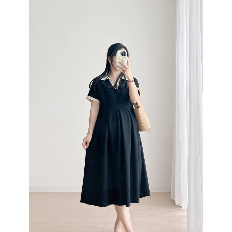 Rochie maternitate în linie A, guler rotund, mâneci 3/4, poliester 95%+, model solid, lungime midi, stil japonez-coreean casual, 2025