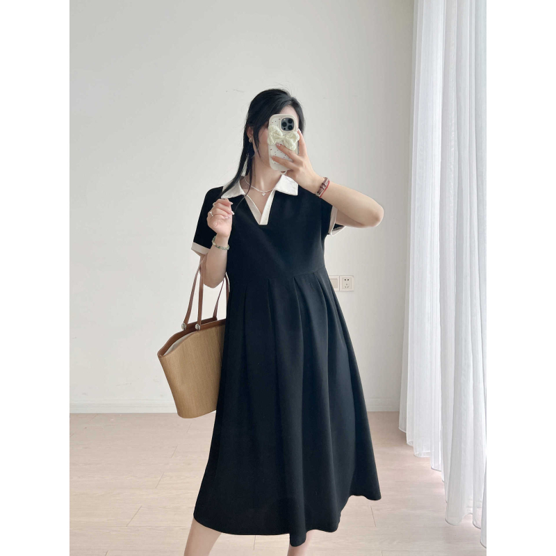 Rochie maternitate în linie A, guler rotund, mâneci 3/4, poliester 95%+, model solid, lungime midi, stil japonez-coreean casual, 2025