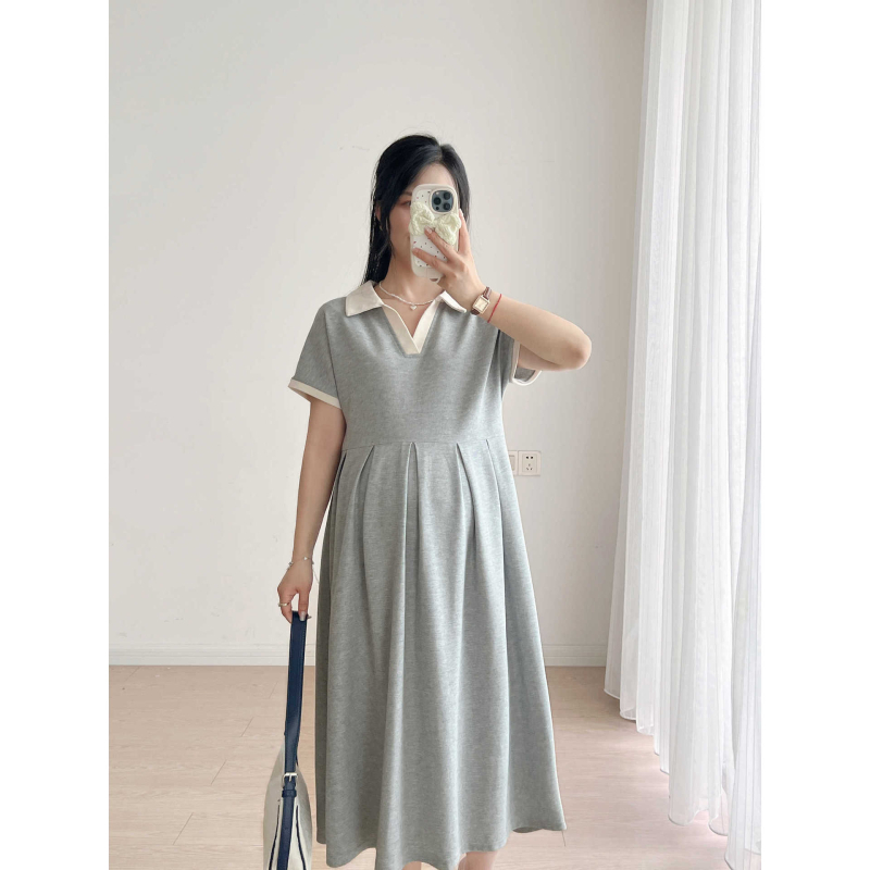 Rochie maternitate în linie A, guler rotund, mâneci 3/4, poliester 95%+, model solid, lungime midi, stil japonez-coreean casual, 2025