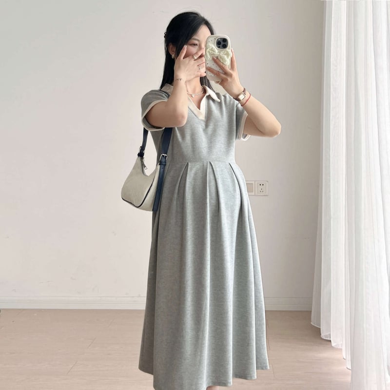 Rochie maternitate în linie A, guler rotund, mâneci 3/4, poliester 95%+, model solid, lungime midi, stil japonez-coreean casual, 2025