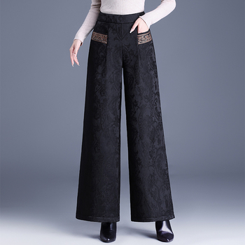 Ženske široke hlače s visokim strukom, jacquard uzorak, zimske, debele i tople, poliester