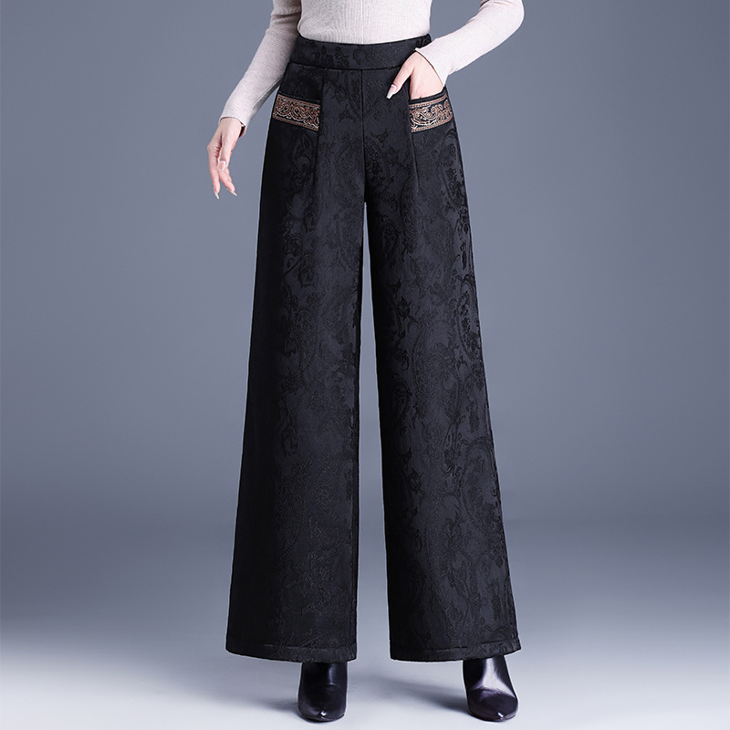 Ženske široke hlače s visokim strukom, jacquard uzorak, zimske, debele i tople, poliester