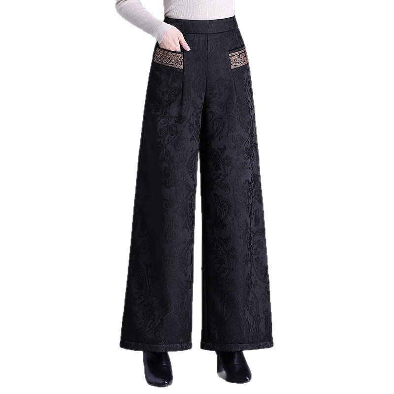 Ženske široke hlače s visokim strukom, jacquard uzorak, zimske, debele i tople, poliester