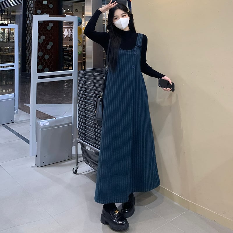 Set maternitate 2 piese: fustă cu bretele în dungi și pulover cu guler semi-turtleneck, mâneci lungi