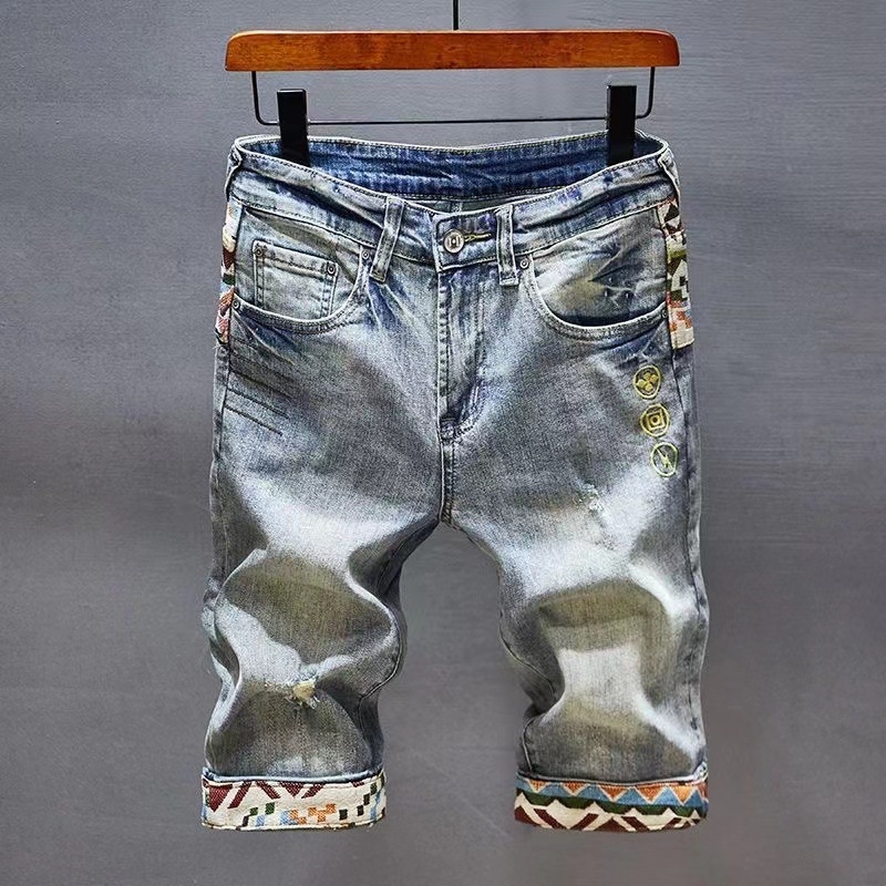 Traper kratke hlače za tinejdžere s izšivkom i poderotinama, korejski stil, uski kroj, mikroelastičnost, ljeto