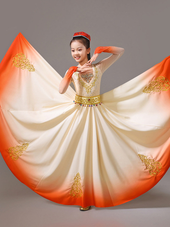 Costum de scenă pentru copii, dans Uigur, cu fustă amplă în mișcare, țesătură chiffon, amestec de spandex și poliester, pentru fete 18–24 de ani