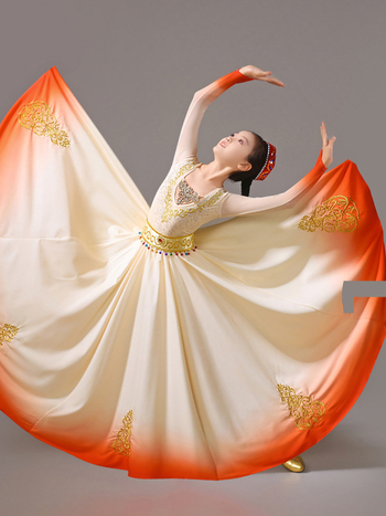 Costum de scenă pentru copii, dans Uigur, cu fustă amplă în mișcare, țesătură chiffon, amestec de spandex și poliester, pentru fete 18–24 de ani