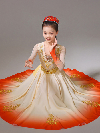 Costum de scenă pentru copii, dans Uigur, cu fustă amplă în mișcare, țesătură chiffon, amestec de spandex și poliester, pentru fete 18–24 de ani