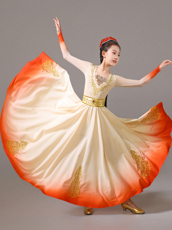 Costum de scenă pentru copii, dans Uigur, cu fustă amplă în mișcare, țesătură chiffon, amestec de spandex și poliester, pentru fete 18–24 de ani
