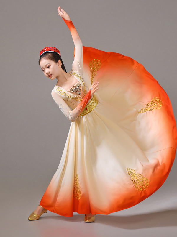 Costum de scenă pentru copii, dans Uigur, cu fustă amplă în mișcare, țesătură chiffon, amestec de spandex și poliester, pentru fete 18–24 de ani