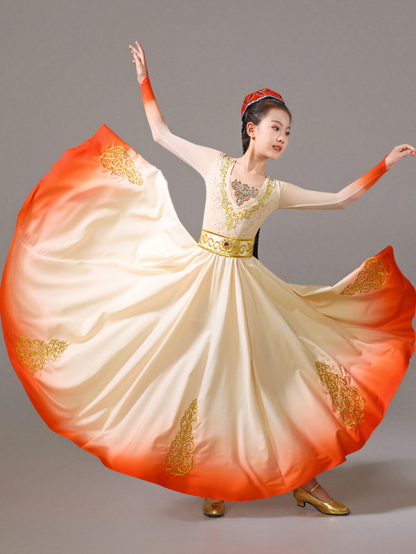 Costum de scenă pentru copii, dans Uigur, cu fustă amplă în mișcare, țesătură chiffon, amestec de spandex și poliester, pentru fete 18–24 de ani