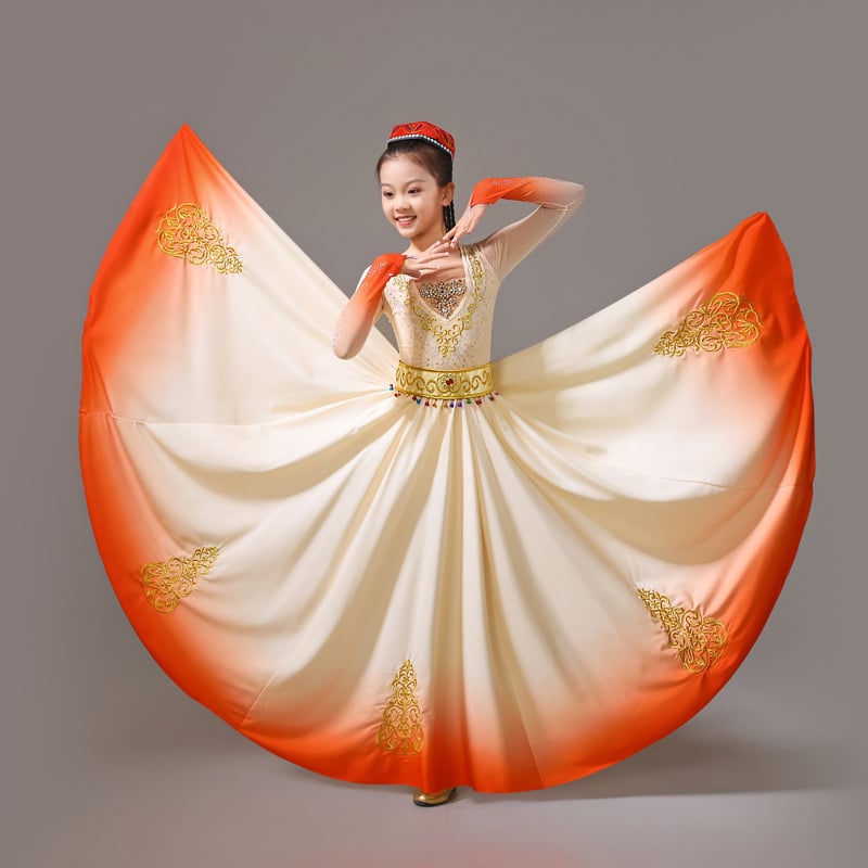 Costum de scenă pentru copii, dans Uigur, cu fustă amplă în mișcare, țesătură chiffon, amestec de spandex și poliester, pentru fete 18–24 de ani