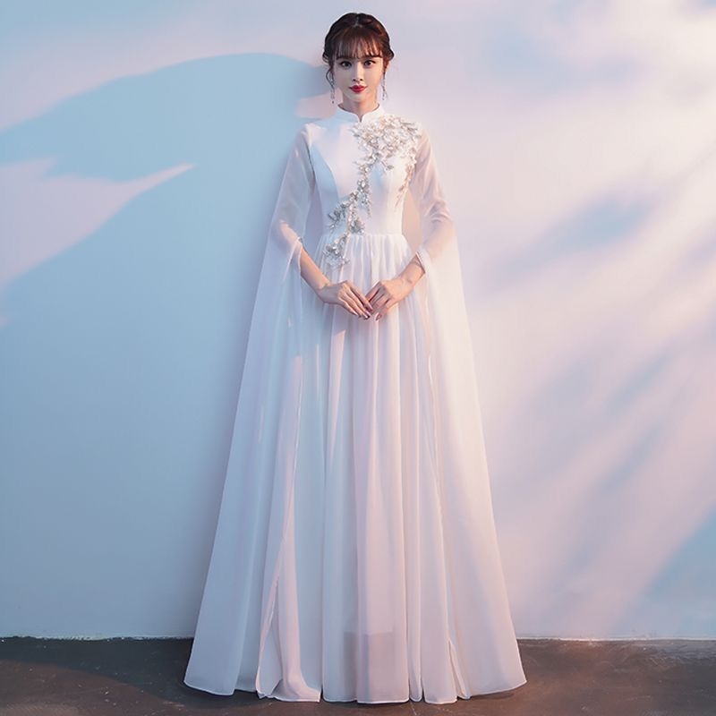 Costum de spectacol Guzheng Erhu, stil chinezesc, fustă lungă, mâneci cu aspect de apă, țesătură Chenille cu 90–95% elastan