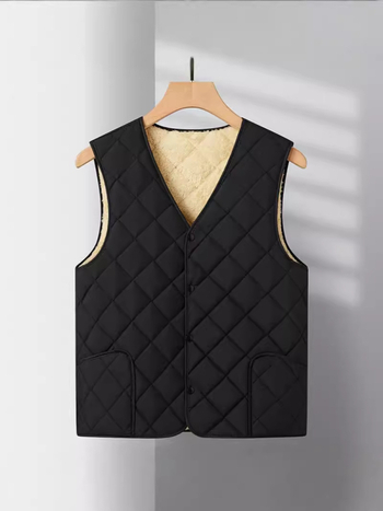 Ανδρικό γιλέκο με επένδυση φλίς – χωρίς κουκούλα, πολυεστερικό ύφασμα, μονόχρωμο, πλαϊνά τσέπες, μεσαίου μήκους (50–65 εκ.)