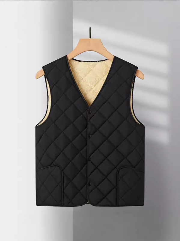 Ανδρικό γιλέκο με επένδυση φλίς – χωρίς κουκούλα, πολυεστερικό ύφασμα, μονόχρωμο, πλαϊνά τσέπες, μεσαίου μήκους (50–65 εκ.)