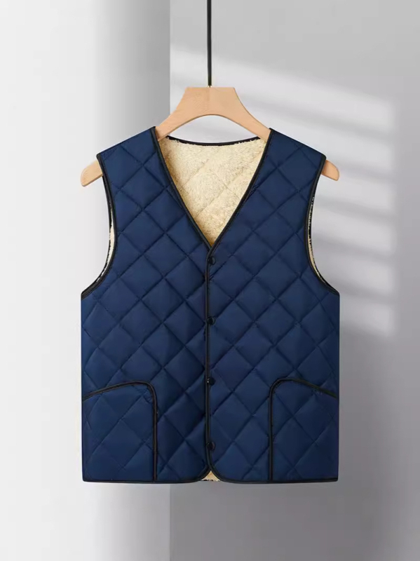 Ανδρικό γιλέκο με επένδυση φλίς – χωρίς κουκούλα, πολυεστερικό ύφασμα, μονόχρωμο, πλαϊνά τσέπες, μεσαίου μήκους (50–65 εκ.)