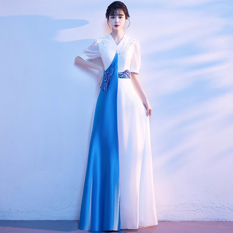 Rochie de reprezentație de cor pentru eleve, rochie lungă pentru concurs de cântat, costum de dans etnic, țesătură poliester și clorură de vinil, vara 2024