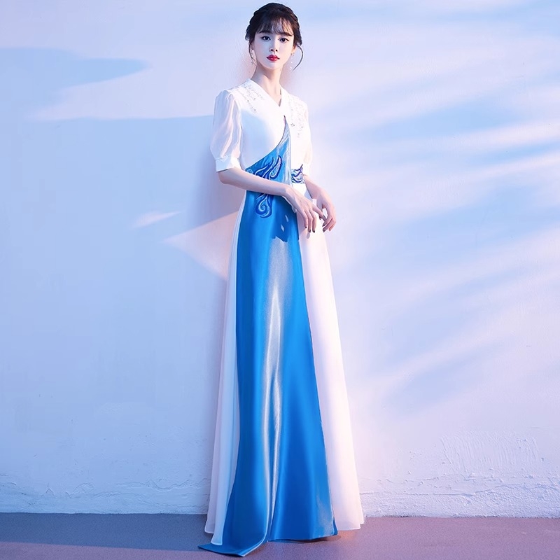 Rochie de reprezentație de cor pentru eleve, rochie lungă pentru concurs de cântat, costum de dans etnic, țesătură poliester și clorură de vinil, vara 2024