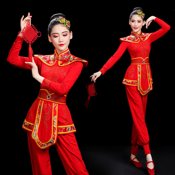 Ruibao Costum de Dans pentru Femei – Yangko etnic, cu șifon, set de dans cu fan pentru interpretare, Primăvara 2024