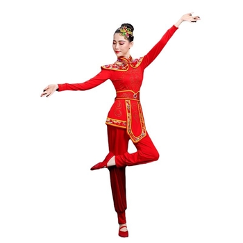 Ruibao Costum de Dans pentru Femei – Yangko etnic, cu șifon, set de dans cu fan pentru interpretare, Primăvara 2024