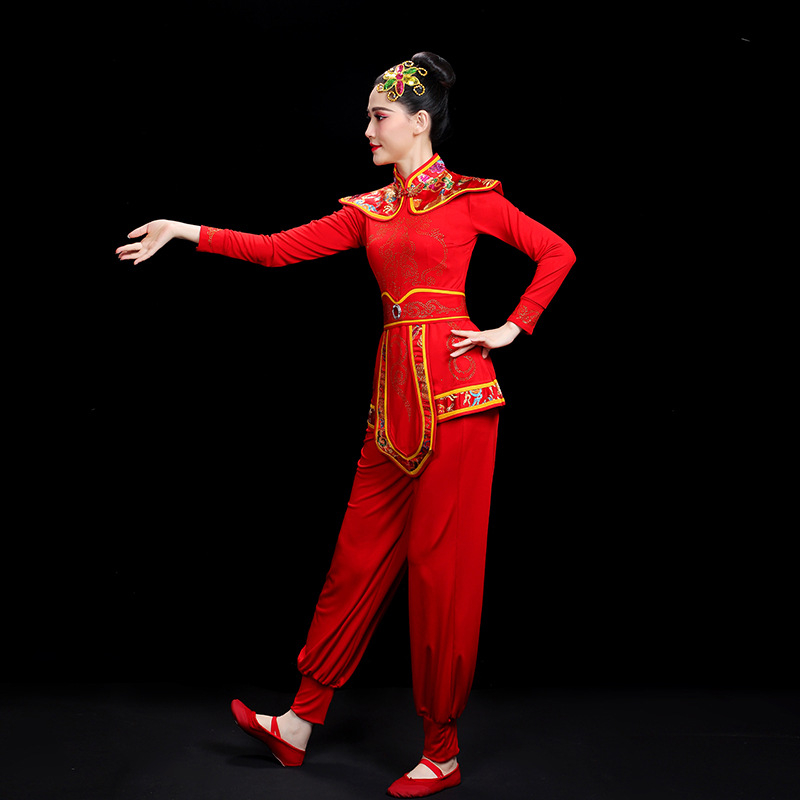 Ruibao Costum de Dans pentru Femei – Yangko etnic, cu șifon, set de dans cu fan pentru interpretare, Primăvara 2024