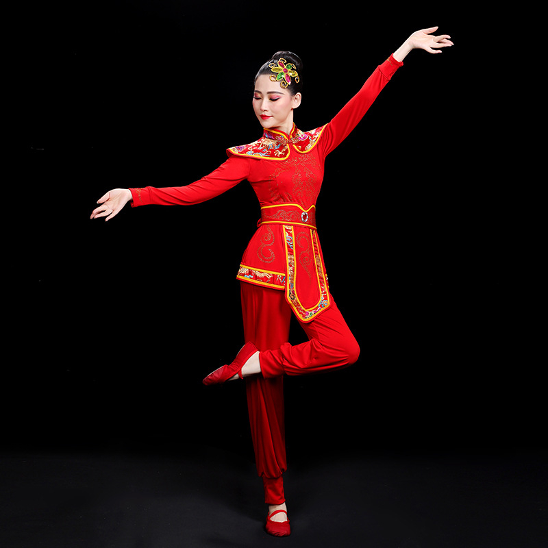 Ruibao Costum de Dans pentru Femei – Yangko etnic, cu șifon, set de dans cu fan pentru interpretare, Primăvara 2024