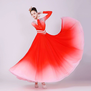 Kostým na folklórny tanec, jednodielny svetelný kostým s veľkou rozšírenou sukňou, Chenille látka, zmes spandex-poliester, pre folklórny tanec